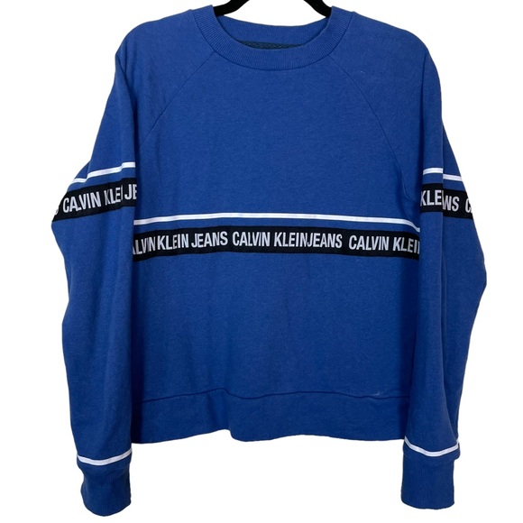 Calvin Klein Jeans Classic Stripe Logo Spellout CKJ Blue Pullover Sweatshirt Med - Picture 1 of 14